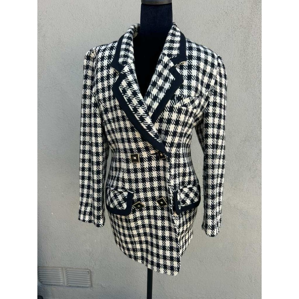 B High Collection Vintage Houndstooth Metallic Gold Button Blazer Black Cream 66